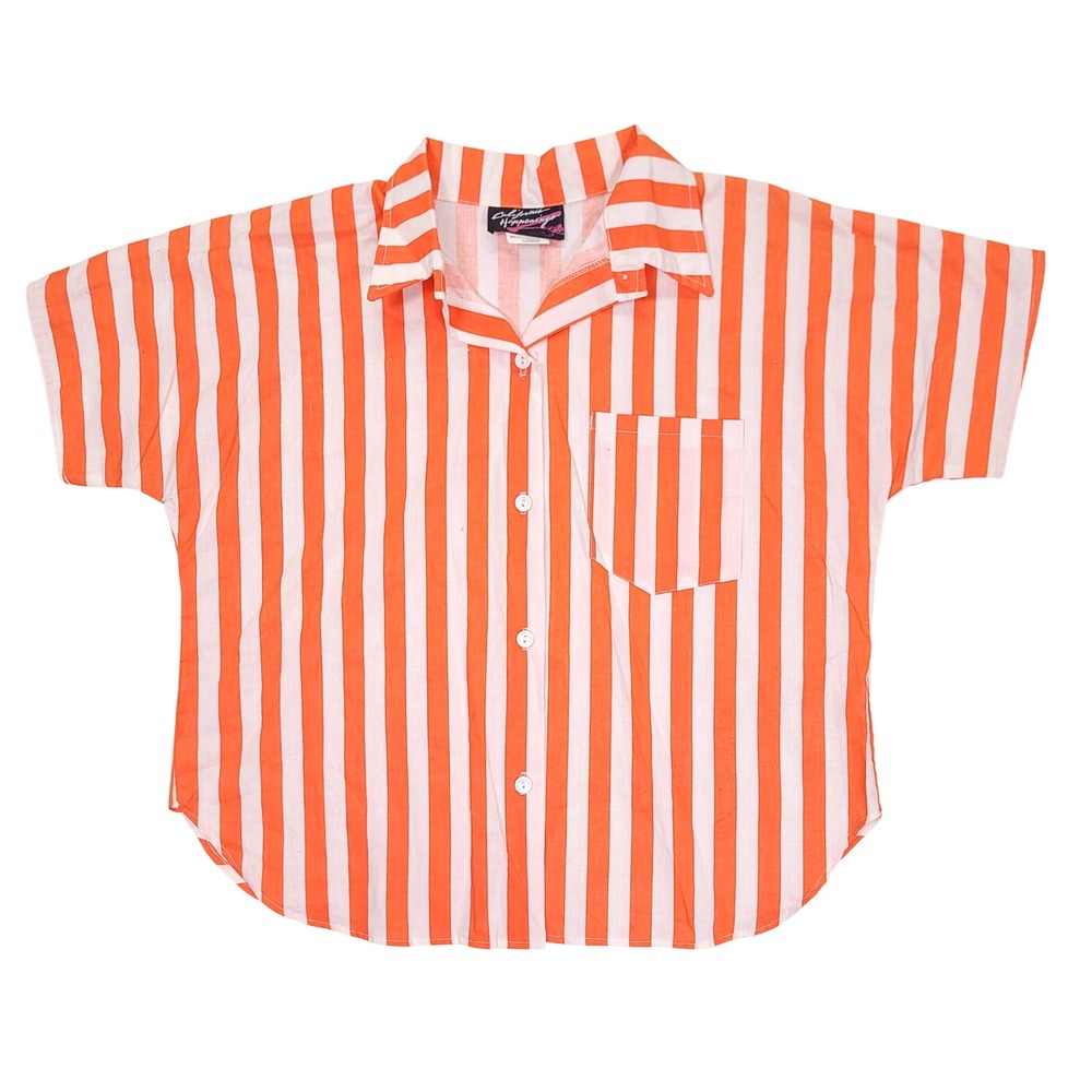 California Happenings Vintage 80s Orange White Striped Button Up Shirt Large